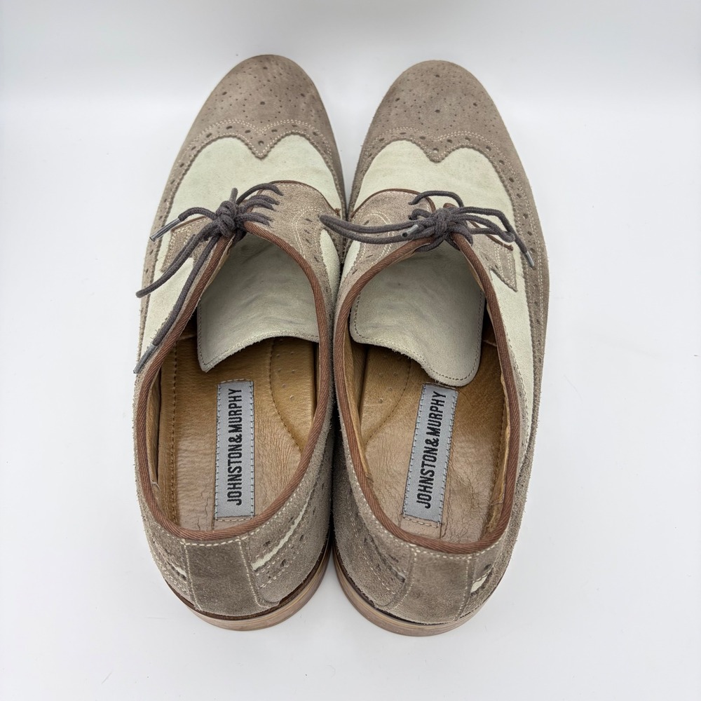 Johnston & Murphy Mens 13 Suede Wingtip Oxford Shoes Taupe Cream Brogue Preppy - Picture 5 of 11